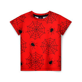 Детская футболка 3D с принтом Happy Halloween , 100% гипоаллергенный полиэфир | прямой крой, круглый вырез горловины, длина до линии бедер, чуть спущенное плечо, ткань немного тянется | Тематика изображения на принте: белый | паук | паутина | узор | хэллоуин | черный