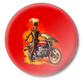 Значок с принтом Всадник ,  металл | круглая форма, металлическая застежка в виде булавки | Тематика изображения на принте: bike | harley | honda | kawasaki | moto | suzuki | yamaha | байкер | всадник | мотоцикл | рыцарь