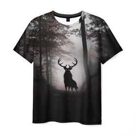 Мужская футболка 3D с принтом Лес / Олень в тумане , 100% полиэфир | прямой крой, круглый вырез горловины, длина до линии бедер | абстракция | арт | глаза | девушка | деревья | животное | животные | лес | листья | лучшие | ночь | олень | пейзаж | природа | туман | хеллоуин