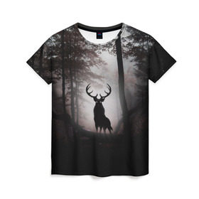 Женская футболка 3D с принтом Лес / Олень в тумане , 100% полиэфир ( синтетическое хлопкоподобное полотно) | прямой крой, круглый вырез горловины, длина до линии бедер | абстракция | арт | глаза | девушка | деревья | животное | животные | лес | листья | лучшие | ночь | олень | пейзаж | природа | туман | хеллоуин
