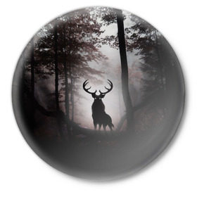 Значок с принтом Лес / Олень в тумане ,  металл | круглая форма, металлическая застежка в виде булавки | Тематика изображения на принте: абстракция | арт | глаза | девушка | деревья | животное | животные | лес | листья | лучшие | ночь | олень | пейзаж | природа | туман | хеллоуин