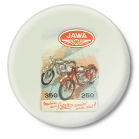Значок с принтом JAWA ,  металл | круглая форма, металлическая застежка в виде булавки | Тематика изображения на принте: bike | jawa | moto | sport | байк | мото | спорт | ява