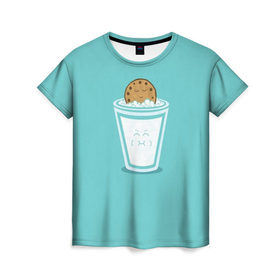 Женская футболка 3D с принтом Молоко и печенюшка , 100% полиэфир ( синтетическое хлопкоподобное полотно) | прямой крой, круглый вырез горловины, длина до линии бедер | еда | завтрак | здоровье | молоко | печенье | шоколад