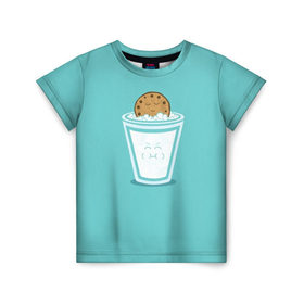Детская футболка 3D с принтом Молоко и печенюшка , 100% гипоаллергенный полиэфир | прямой крой, круглый вырез горловины, длина до линии бедер, чуть спущенное плечо, ткань немного тянется | еда | завтрак | здоровье | молоко | печенье | шоколад