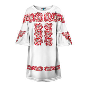 Детское платье 3D с принтом Вышиванка , 100% полиэстер | прямой силуэт, чуть расширенный к низу. Круглая горловина, на рукавах — воланы | Тематика изображения на принте: белорусская | вышиванка | древнерусская | к празднику | косоворотка | красные | масленица | национальная одежда | патриотическая | рубаха | русская | узоры | украинская