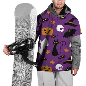 Накидка на куртку 3D с принтом Веселый Хэллоуин , 100% полиэстер |  | Тематика изображения на принте: кошка | паук | праздник | привидения | тыква | череп | черный