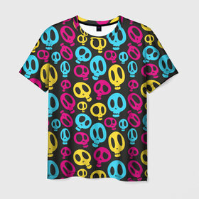Мужская футболка 3D с принтом Веселый Хэллоуин , 100% полиэфир | прямой крой, круглый вырез горловины, длина до линии бедер | желтый | розовый | синий | череп