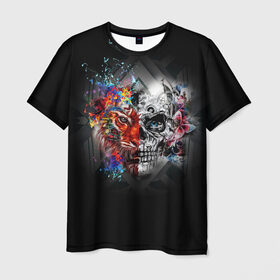 Мужская футболка 3D с принтом Art skull , 100% полиэфир | прямой крой, круглый вырез горловины, длина до линии бедер | art | half | lion | skull | живопись | искусство | краски | лев | половина | череп