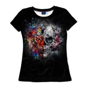 Женская футболка 3D с принтом Art skull , 100% полиэфир ( синтетическое хлопкоподобное полотно) | прямой крой, круглый вырез горловины, длина до линии бедер | art | half | lion | skull | живопись | искусство | краски | лев | половина | череп