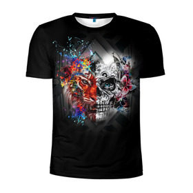 Мужская футболка 3D спортивная с принтом Art skull , 100% полиэстер с улучшенными характеристиками | приталенный силуэт, круглая горловина, широкие плечи, сужается к линии бедра | art | half | lion | skull | живопись | искусство | краски | лев | половина | череп