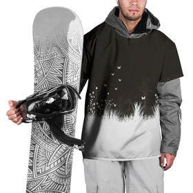 Накидка на куртку 3D с принтом Ночная полянка , 100% полиэстер |  | Тематика изображения на принте: бабочки | белый | кусты | ночь | цветы | чб | черно белое | черный