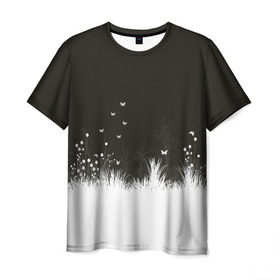 Мужская футболка 3D с принтом Ночная полянка , 100% полиэфир | прямой крой, круглый вырез горловины, длина до линии бедер | Тематика изображения на принте: бабочки | белый | кусты | ночь | цветы | чб | черно белое | черный