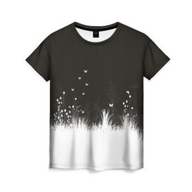 Женская футболка 3D с принтом Ночная полянка , 100% полиэфир ( синтетическое хлопкоподобное полотно) | прямой крой, круглый вырез горловины, длина до линии бедер | бабочки | белый | кусты | ночь | цветы | чб | черно белое | черный