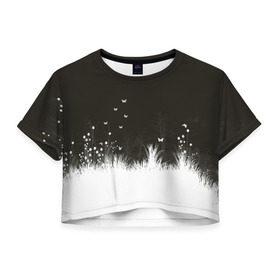 Женская футболка 3D укороченная с принтом Ночная полянка , 100% полиэстер | круглая горловина, длина футболки до линии талии, рукава с отворотами | бабочки | белый | кусты | ночь | цветы | чб | черно белое | черный