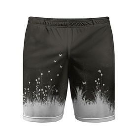 Мужские шорты 3D спортивные с принтом Ночная полянка ,  |  | бабочки | белый | кусты | ночь | цветы | чб | черно белое | черный