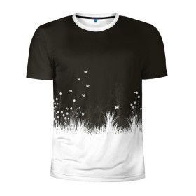 Мужская футболка 3D спортивная с принтом Ночная полянка , 100% полиэстер с улучшенными характеристиками | приталенный силуэт, круглая горловина, широкие плечи, сужается к линии бедра | бабочки | белый | кусты | ночь | цветы | чб | черно белое | черный