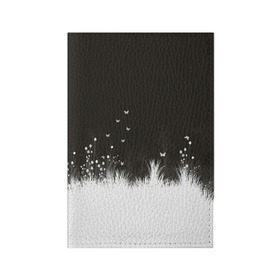 Обложка для паспорта матовая кожа с принтом Ночная полянка , натуральная матовая кожа | размер 19,3 х 13,7 см; прозрачные пластиковые крепления | бабочки | белый | кусты | ночь | цветы | чб | черно белое | черный