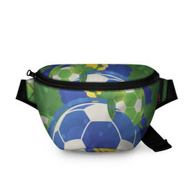 Поясная сумка 3D с принтом Яркий футбол , 100% полиэстер | плотная ткань, ремень с регулируемой длиной, внутри несколько карманов для мелочей, основное отделение и карман с обратной стороны сумки застегиваются на молнию | бразилия | желтый | зеленый | игра | мяч | синий | цвет