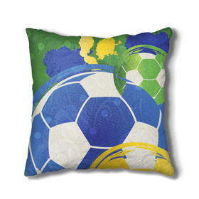 Подушка 3D с принтом Яркий футбол , наволочка – 100% полиэстер, наполнитель – холлофайбер (легкий наполнитель, не вызывает аллергию). | состоит из подушки и наволочки. Наволочка на молнии, легко снимается для стирки | бразилия | желтый | зеленый | игра | мяч | синий | цвет