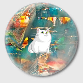 Значок с принтом Белый котик ,  металл | круглая форма, металлическая застежка в виде булавки | Тематика изображения на принте: cat | арт | взгляд | кот | кот хипстер | котёнок | котятки | котятушки | кошечки | кошка | мордочка