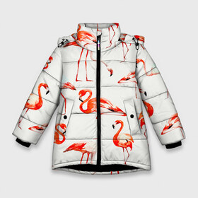 Зимняя куртка для девочек 3D с принтом Фламинго , ткань верха — 100% полиэстер; подклад — 100% полиэстер, утеплитель — 100% полиэстер. | длина ниже бедра, удлиненная спинка, воротник стойка и отстегивающийся капюшон. Есть боковые карманы с листочкой на кнопках, утяжки по низу изделия и внутренний карман на молнии. 

Предусмотрены светоотражающий принт на спинке, радужный светоотражающий элемент на пуллере молнии и на резинке для утяжки. | арт | птицы | текстура | фламинго