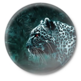 Значок с принтом Леопард неоновый ,  металл | круглая форма, металлическая застежка в виде булавки | гепард | леопард | темный | хищник