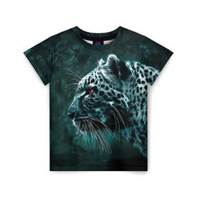 Детская футболка 3D с принтом Леопард неоновый , 100% гипоаллергенный полиэфир | прямой крой, круглый вырез горловины, длина до линии бедер, чуть спущенное плечо, ткань немного тянется | Тематика изображения на принте: гепард | леопард | темный | хищник