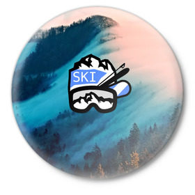 Значок с принтом SKI ,  металл | круглая форма, металлическая застежка в виде булавки | ski patrol | sport | возвышение | возвышенность | гора | горка | национальный парк | облака | склон | снег | спорт | холм