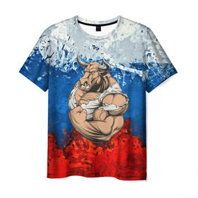 Мужская футболка 3D с принтом Буйвол , 100% полиэфир | прямой крой, круглый вырез горловины, длина до линии бедер | abstraction | grunge | абстракция | буйвол | бык | краска | русский | триколор | я русский