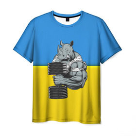 Мужская футболка 3D с принтом Спортивный носорог , 100% полиэфир | прямой крой, круглый вырез горловины, длина до линии бедер | abstraction | grunge | абстракция | два цвета | краска | носорог | украинец | я украинец