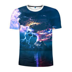 Мужская футболка 3D спортивная с принтом Извержение вулкана , 100% полиэстер с улучшенными характеристиками | приталенный силуэт, круглая горловина, широкие плечи, сужается к линии бедра | вода | вулкан | выброс | горы | гроза | дым | лава | молнии | море | облака | океан | остров | пепел | разряд | стихия