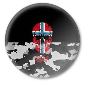 Значок с принтом Made in Norway ,  металл | круглая форма, металлическая застежка в виде булавки | Тематика изображения на принте: camouflage | made in norway | skull | абстракция | города | камуфляж | нация | норвегия | страны | текстуры | череп