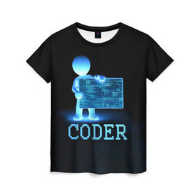 Женская футболка 3D с принтом Coder - программист кодировщик , 100% полиэфир ( синтетическое хлопкоподобное полотно) | прямой крой, круглый вырез горловины, длина до линии бедер | it | programmer | голова | загрузка | код | надпись | неоновый | ноги | программный | руки | светящийся | страница | технологии | хакер | человек | человечек | шифровальщик | экран