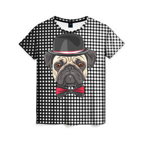 Женская футболка 3D с принтом Mr. Pug , 100% полиэфир ( синтетическое хлопкоподобное полотно) | прямой крой, круглый вырез горловины, длина до линии бедер | animal | dog | pet | pug | puppy | арт | горошек | джентльмен | животные | кружочки | мопс | мопсик | пес | собаки | текстура | французский бульдог