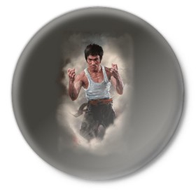 Значок с принтом Брюс Ли ,  металл | круглая форма, металлическая застежка в виде булавки | актер | блюс | боец | каратэ | кунг фу | ли | спорт
