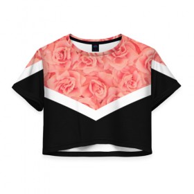Женская футболка 3D укороченная с принтом Розы (в цвете) , 100% полиэстер | круглая горловина, длина футболки до линии талии, рукава с отворотами | flowers | абстракция | растения | розовы | розы | треугольник | цветы | черно белый