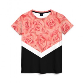 Женская футболка 3D с принтом Розы (в цвете) , 100% полиэфир ( синтетическое хлопкоподобное полотно) | прямой крой, круглый вырез горловины, длина до линии бедер | flowers | абстракция | растения | розовы | розы | треугольник | цветы | черно белый