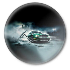 Значок с принтом Призрачный Ford Mustang ,  металл | круглая форма, металлическая застежка в виде булавки | ford | mustang | авто | автомобиль | блатная | замок | зеленый | иномарка | крутая | марка | машина | мустанг | пацанский таз | поводок | прикольная | седан | тачила | тачка | туман | форд | цепь