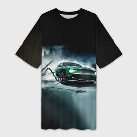 Платье-футболка 3D с принтом Призрачный Ford Mustang ,  |  | ford | mustang | авто | автомобиль | блатная | замок | зеленый | иномарка | крутая | марка | машина | мустанг | пацанский таз | поводок | прикольная | седан | тачила | тачка | туман | форд | цепь