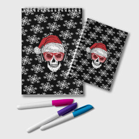 Блокнот с принтом Santa Skull хипстер , 100% бумага | 48 листов, плотность листов — 60 г/м2, плотность картонной обложки — 250 г/м2. Листы скреплены удобной пружинной спиралью. Цвет линий — светло-серый
 | Тематика изображения на принте: дед мороз | новогодний | паттерн | санта | снег | снежинки