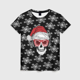 Женская футболка 3D с принтом Santa Skull хипстер , 100% полиэфир ( синтетическое хлопкоподобное полотно) | прямой крой, круглый вырез горловины, длина до линии бедер | дед мороз | новогодний | паттерн | санта | снег | снежинки