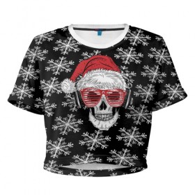 Женская футболка 3D укороченная с принтом Santa Skull хипстер , 100% полиэстер | круглая горловина, длина футболки до линии талии, рукава с отворотами | Тематика изображения на принте: дед мороз | новогодний | паттерн | санта | снег | снежинки