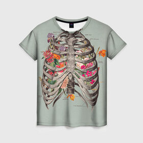 Женская футболка 3D с принтом Грудная клетка , 100% полиэфир ( синтетическое хлопкоподобное полотно) | прямой крой, круглый вырез горловины, длина до линии бедер | Тематика изображения на принте: halloween | skeleton | грудная клетка | кости | ребра | скелет | хэллоуин