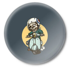 Значок с принтом Зомби ,  металл | круглая форма, металлическая застежка в виде булавки | мотоцикл | скелет | череп | шлем