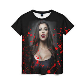 Женская футболка 3D с принтом Вампирша , 100% полиэфир ( синтетическое хлопкоподобное полотно) | прямой крой, круглый вырез горловины, длина до линии бедер | вампир | ведьма | девушка | кровь | праздник | хэллоуин