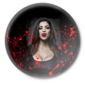 Значок с принтом Вампирша ,  металл | круглая форма, металлическая застежка в виде булавки | вампир | ведьма | девушка | кровь | праздник | хэллоуин