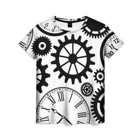 Женская футболка 3D с принтом Часы и шестеренки , 100% полиэфир ( синтетическое хлопкоподобное полотно) | прямой крой, круглый вырез горловины, длина до линии бедер | pattern | узор | часы