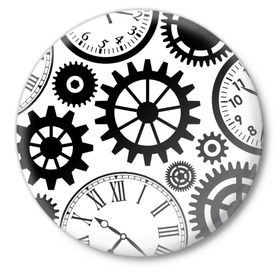 Значок с принтом Часы и шестеренки ,  металл | круглая форма, металлическая застежка в виде булавки | Тематика изображения на принте: pattern | узор | часы