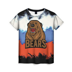 Женская футболка 3D с принтом Russian bears , 100% полиэфир ( синтетическое хлопкоподобное полотно) | прямой крой, круглый вырез горловины, длина до линии бедер | abstraction | bear | grunge | абстракция | краска | медведь | русский | триколор | я русский
