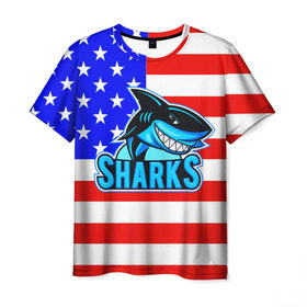 Мужская футболка 3D с принтом Sharks USA , 100% полиэфир | прямой крой, круглый вырез горловины, длина до линии бедер | sharks | usa | акула | америка | американец | символика америки | сша